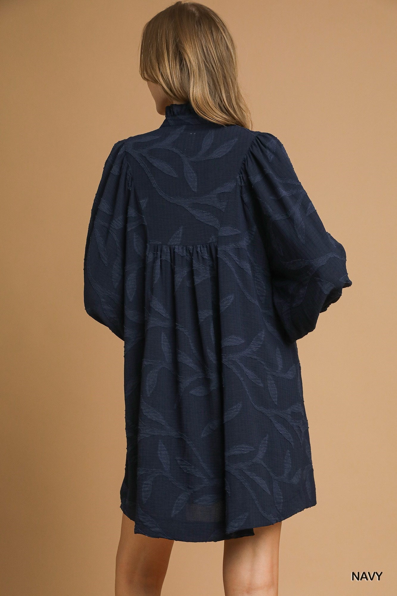 Navy Jacquard High Ruffle Neck Dress