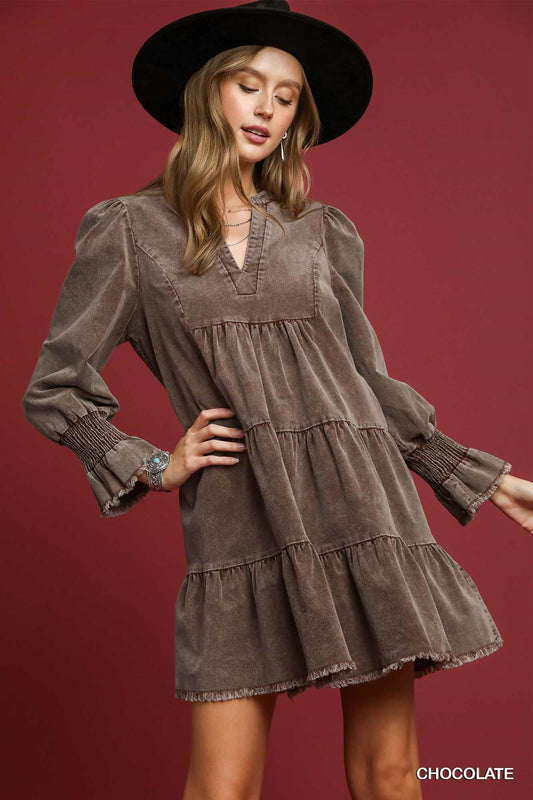 Chocolate Stone Washed V-Neck Dress