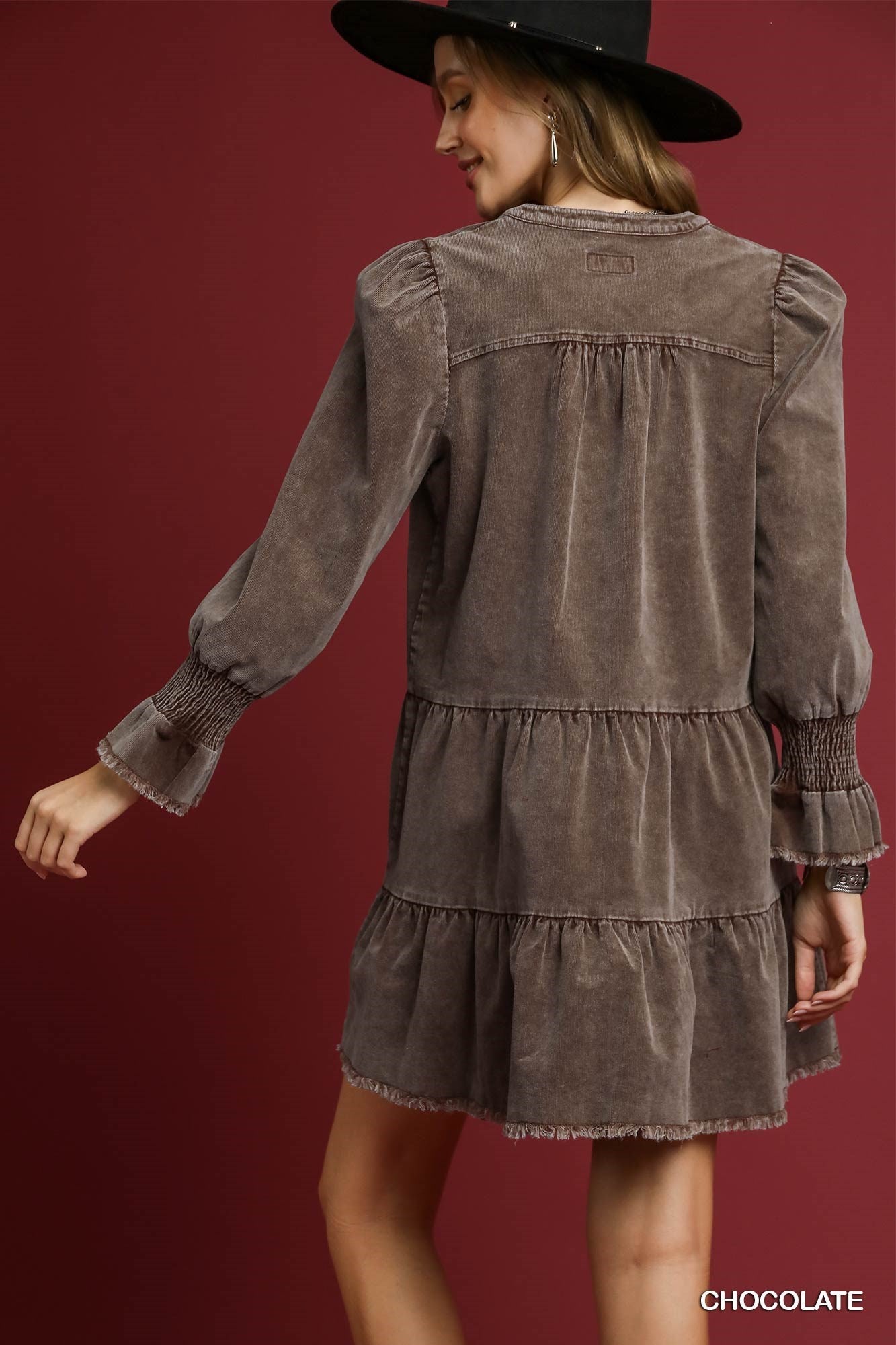 Chocolate Stone Washed V-Neck Dress