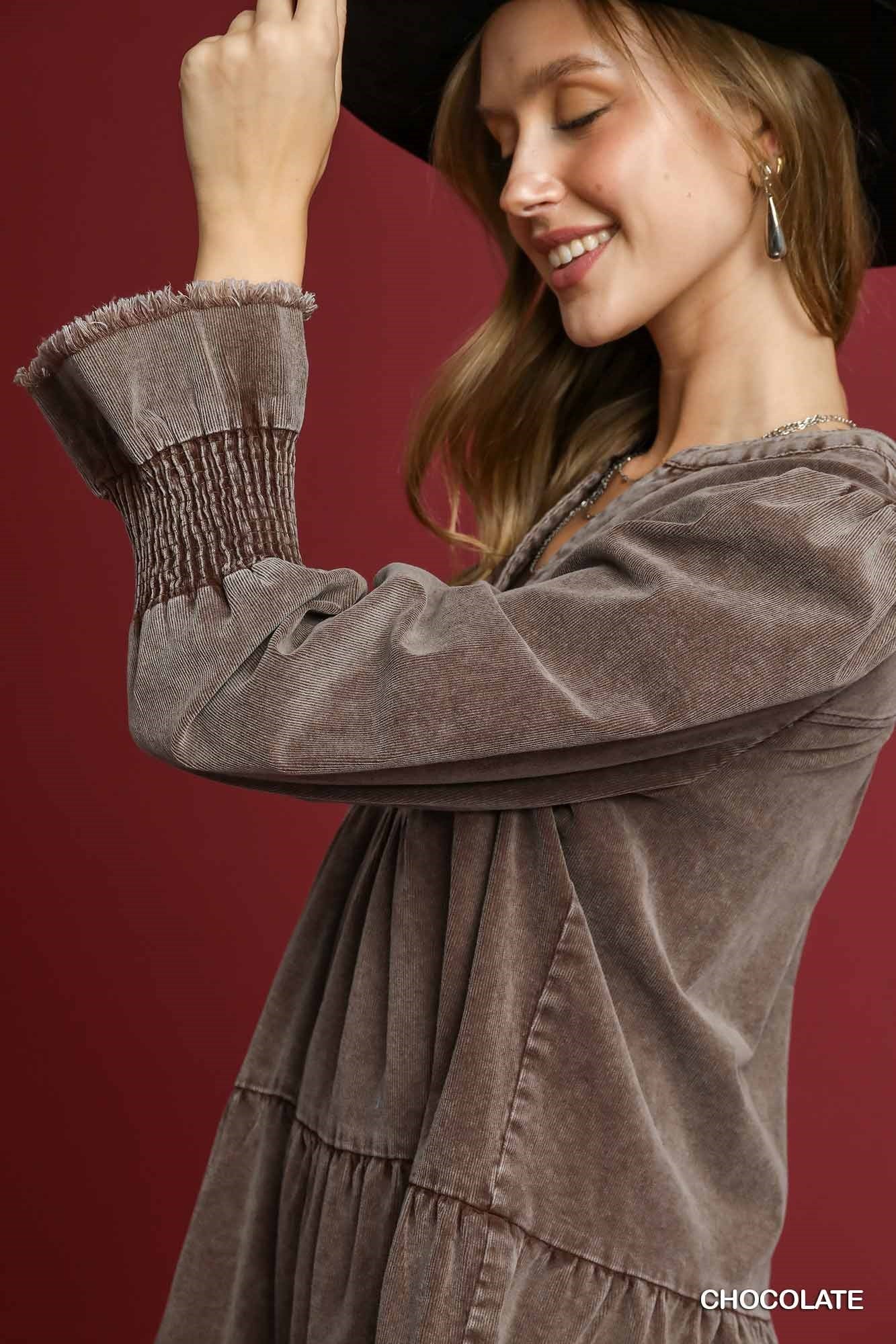 Chocolate Stone Washed V-Neck Dress