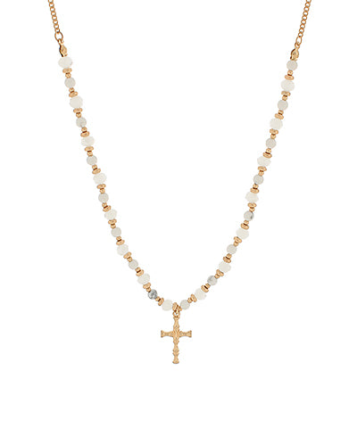 White/WG Cross & Stone Beaded Necklace