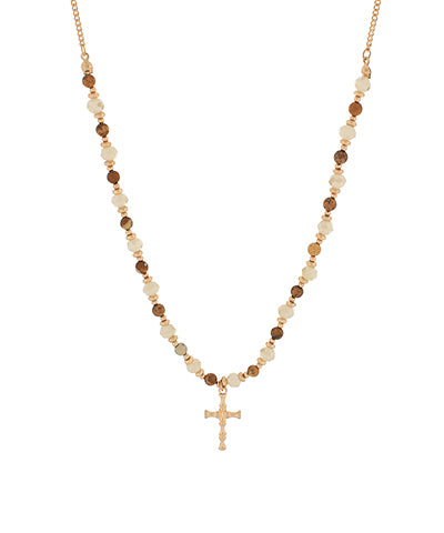 Brown/WG Cross & Stone Beaded Necklace