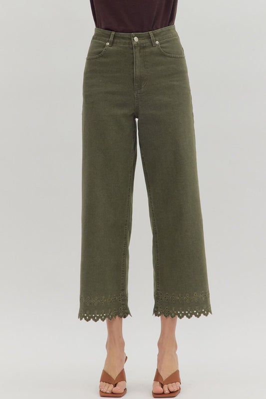 Green High Waist Ankle Length Pants W/ Border Hem