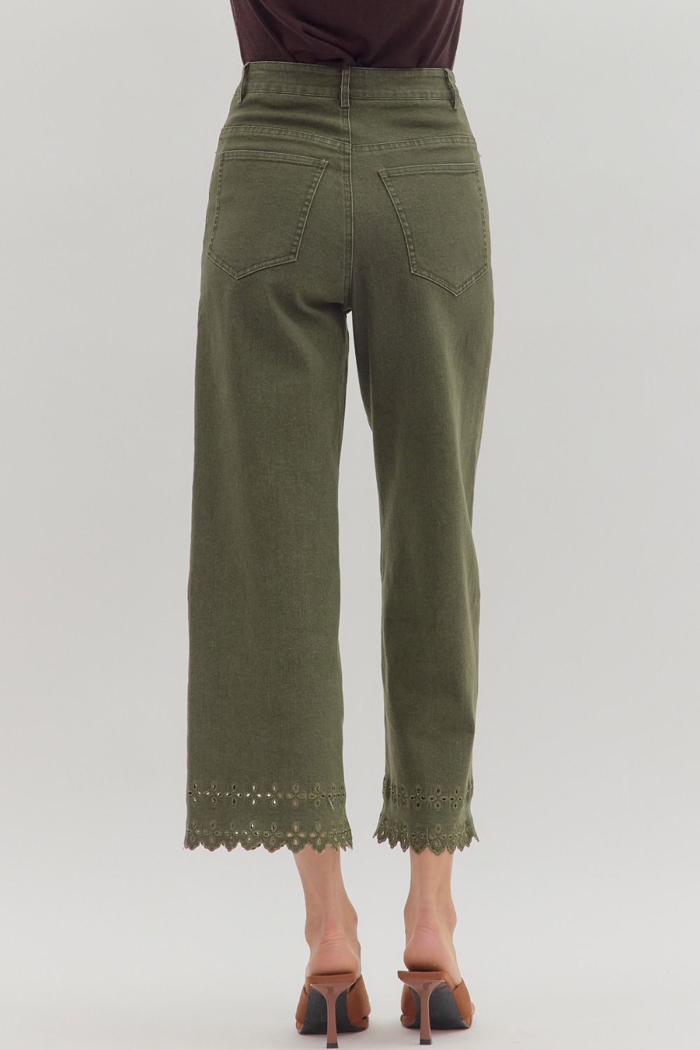 Green High Waist Ankle Length Pants W/ Border Hem