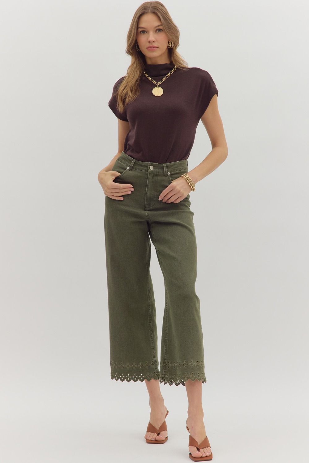 Green High Waist Ankle Length Pants W/ Border Hem