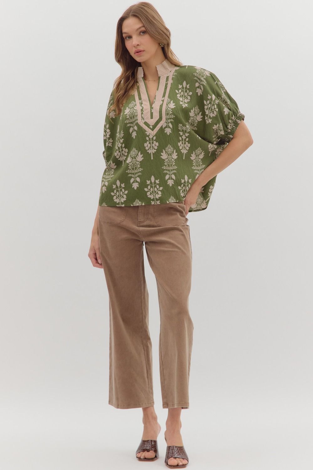 Olive Abstract Print Short Sleeve Top