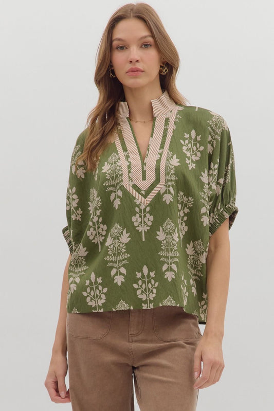 Olive Abstract Print Short Sleeve Top
