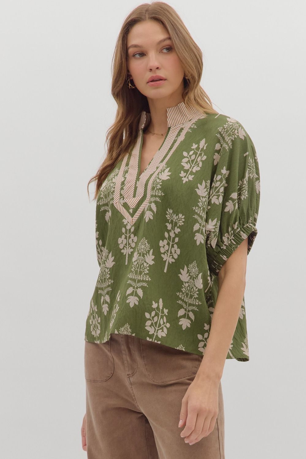 Olive Abstract Print Short Sleeve Top