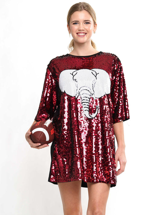 Crimson/White Gameday With Elephant Sequin Dress - One Size
