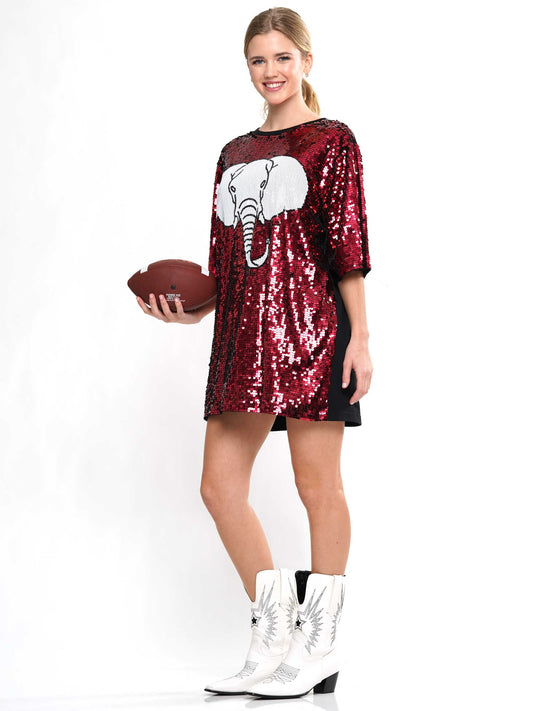 Crimson/White Gameday With Elephant Sequin Dress - One Size