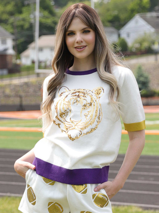 Purple/Yellow Tiger Sequin Knit Short Sleeve