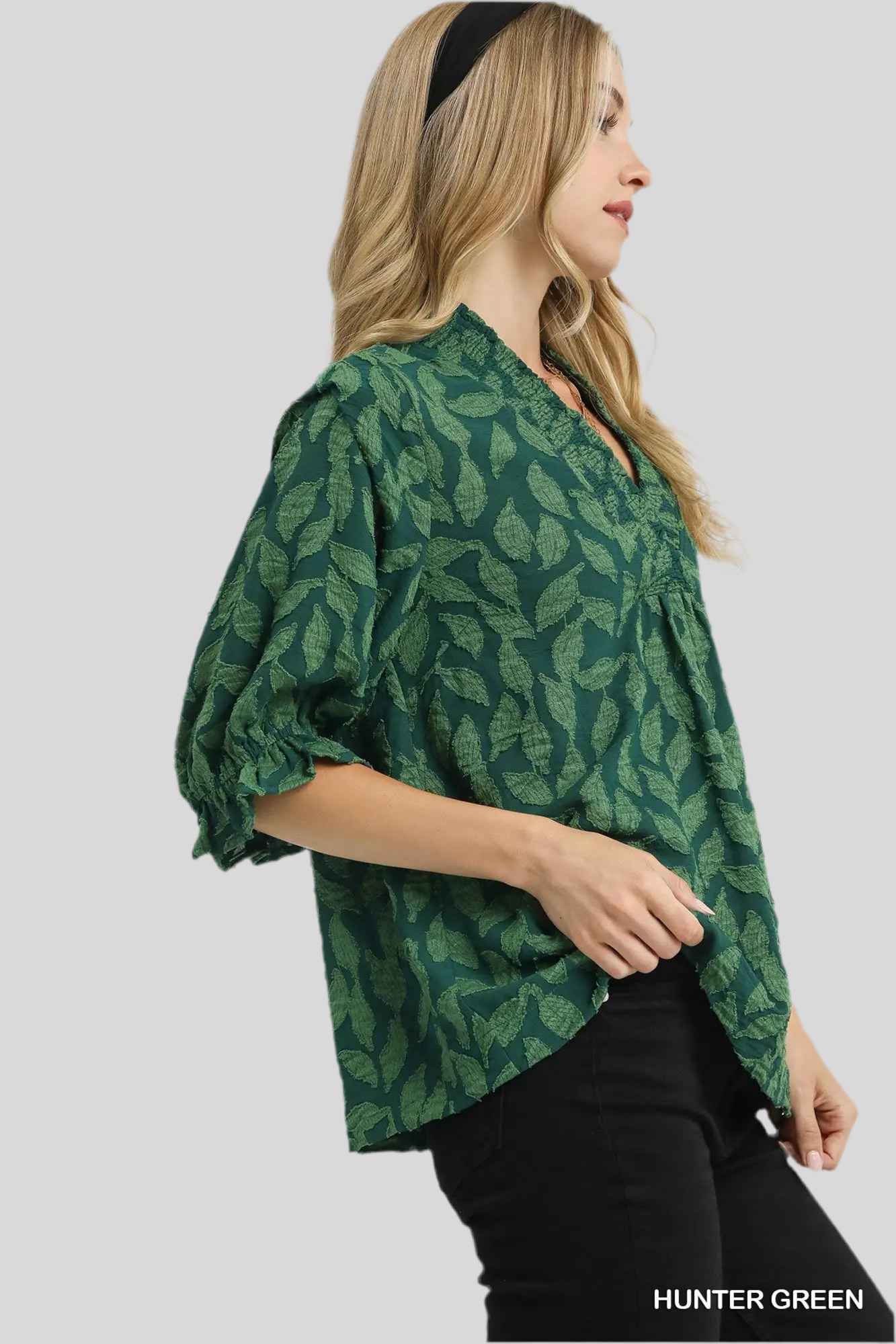 Hunter Green Floral Jacquard V-Neck Top