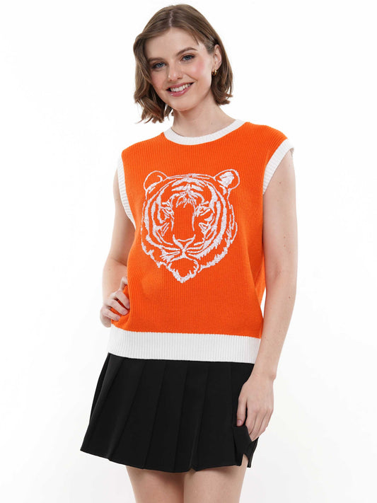 Orange/White Sequin Tiger Sweater Vest