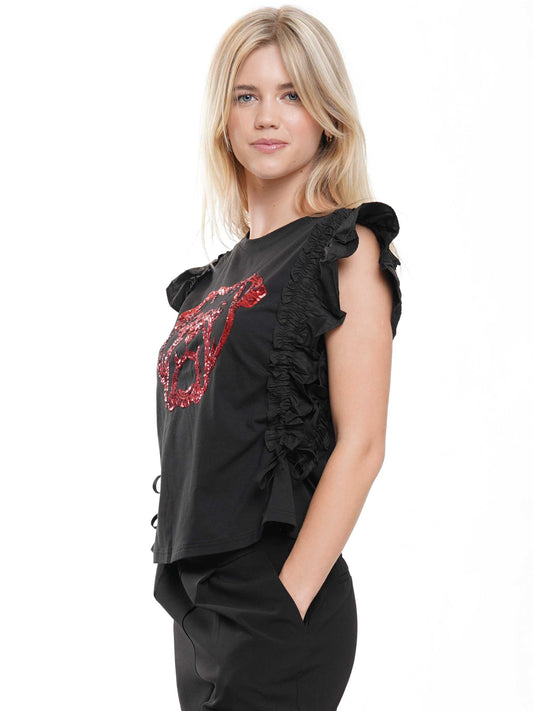 Red/Black Ruffle Sleeve Sequin Bulldog Top