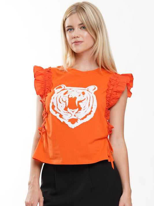 Orange/White Tiger Shirring Sleeve Top