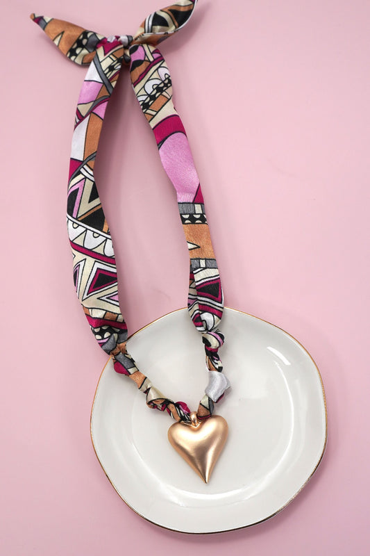 Burgundy/Gold/Black Handmade Scarf Necklace W/ Heart Charm