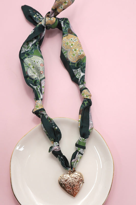 Green Print Handmade Scarf Necklace W/ Heart Charm