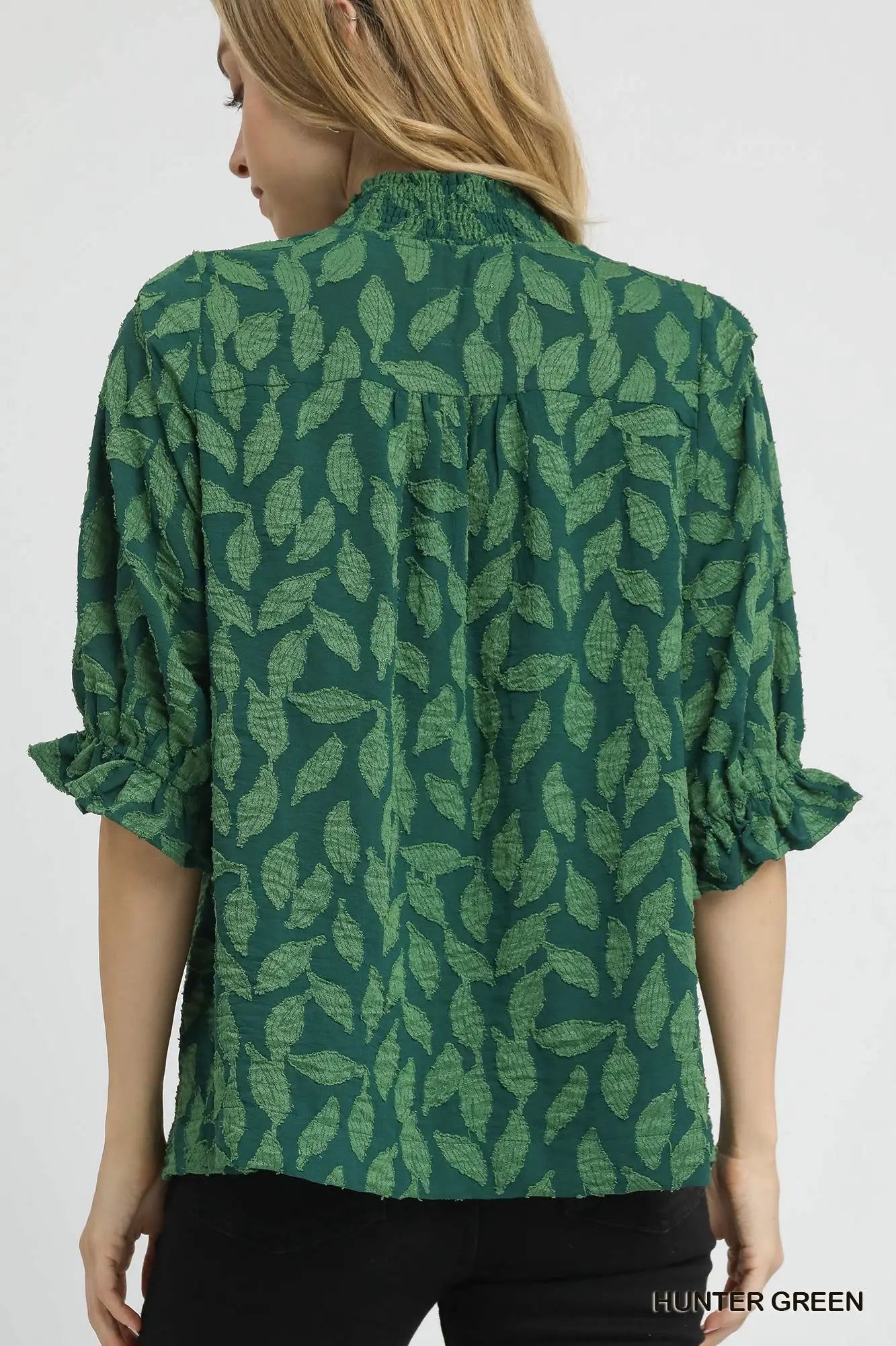 Hunter Green Floral Jacquard V-Neck Top