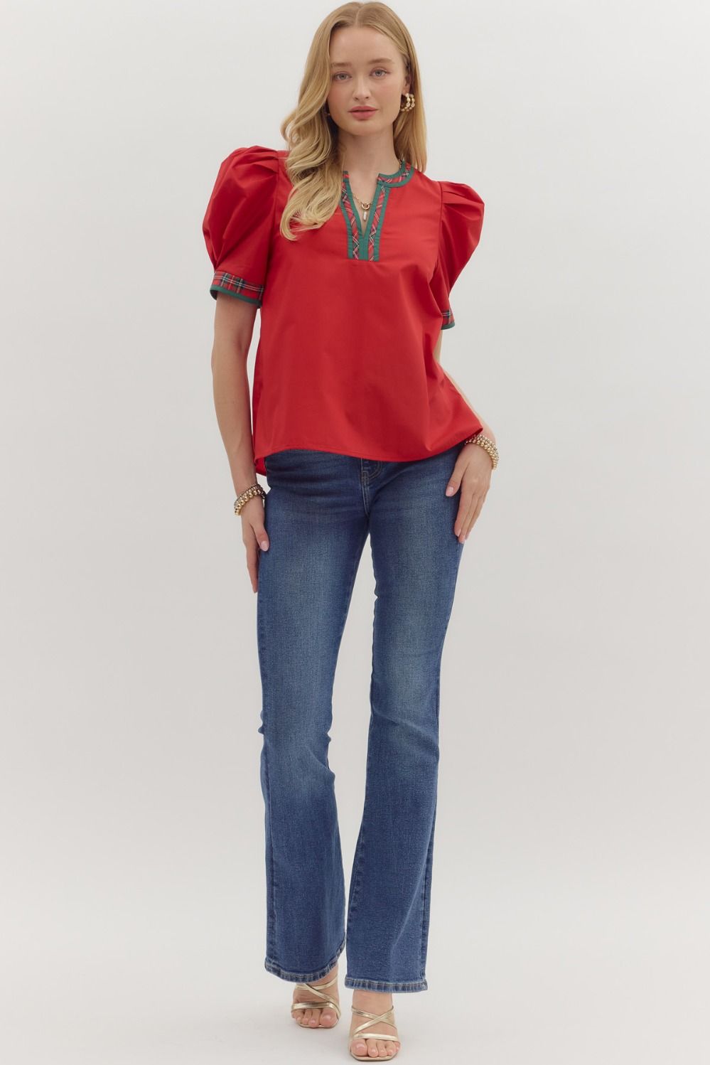 Red Short Sleeve Top With Plaid Accent