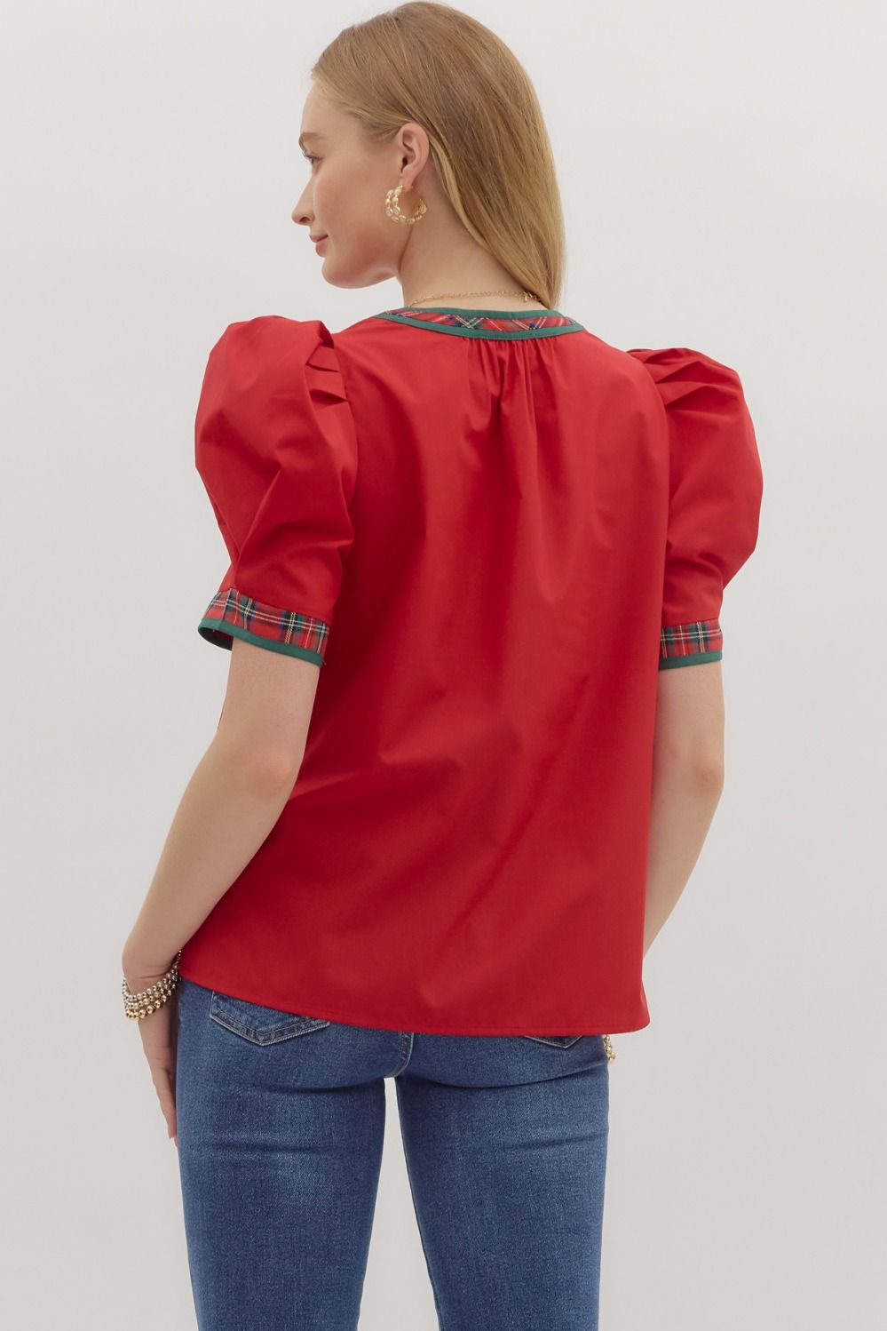 Red Short Sleeve Top With Plaid Accent