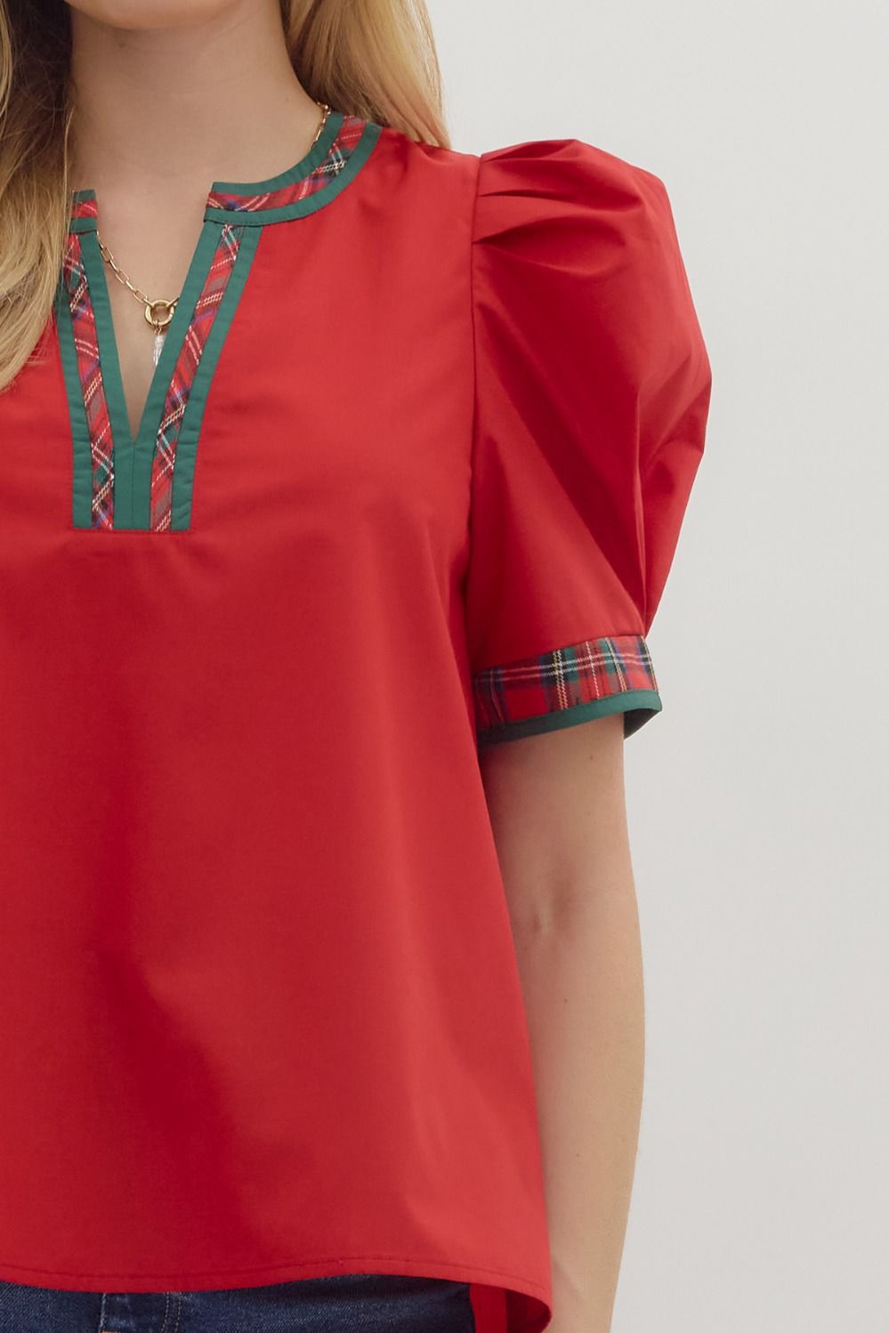 Red Short Sleeve Top With Plaid Accent