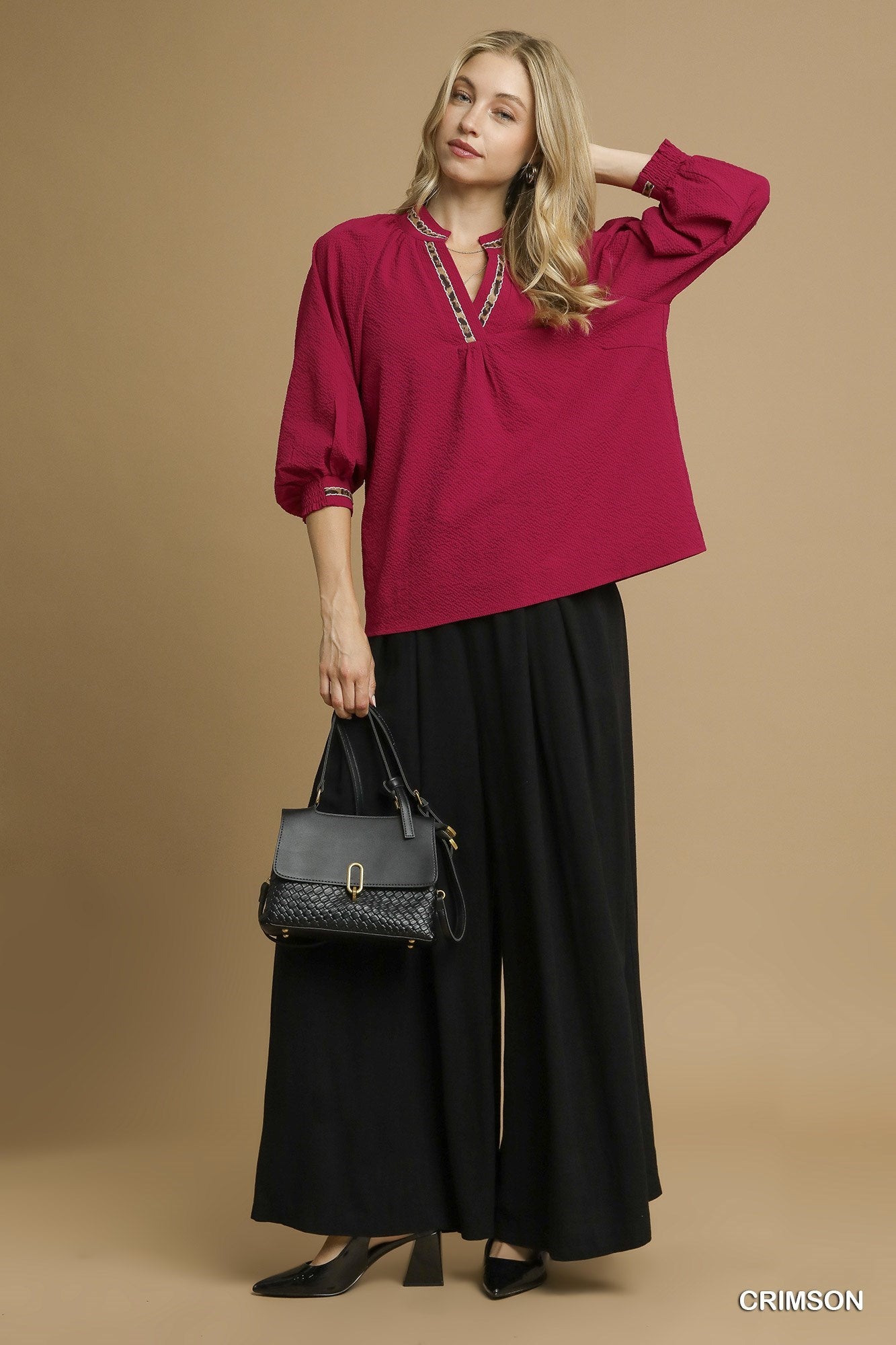 Crimson Puff Sleeves V Neck Collared Top