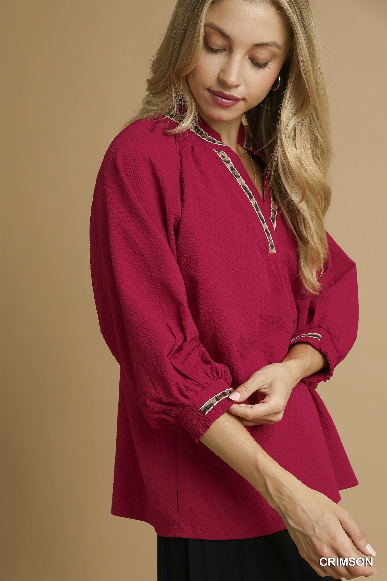 Crimson Puff Sleeves V Neck Collared Top