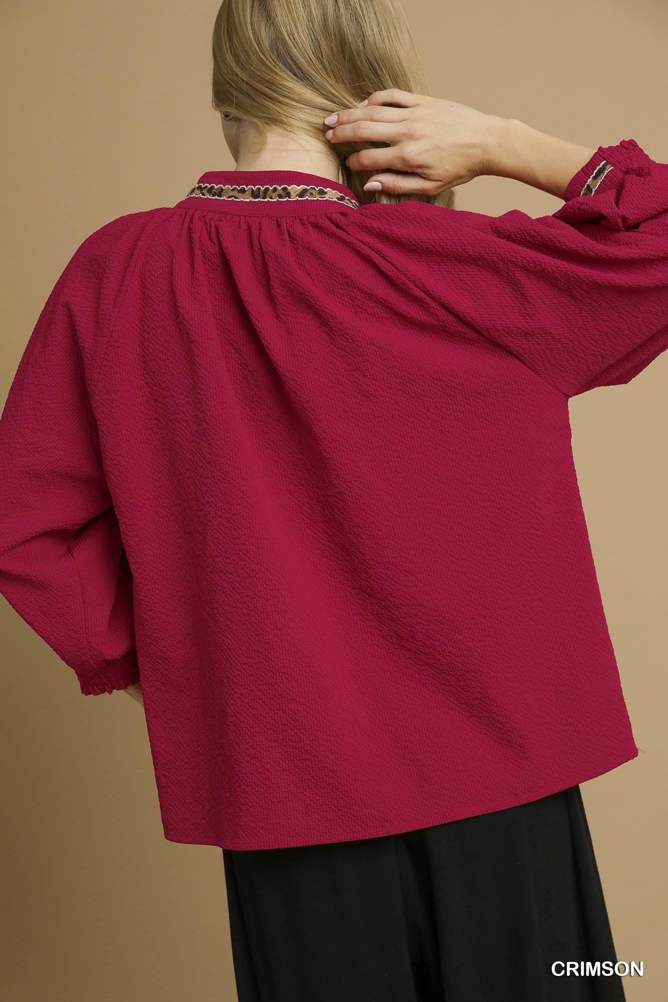 Crimson Puff Sleeves V Neck Collared Top