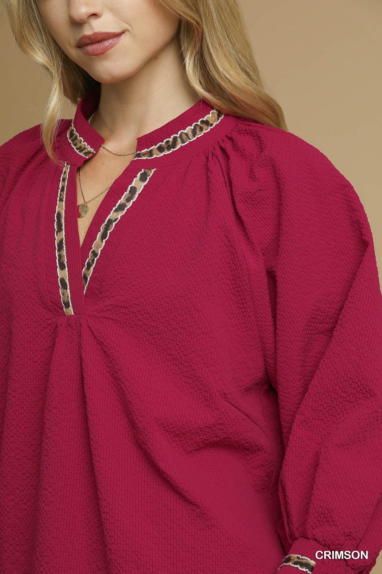 Crimson Puff Sleeves V Neck Collared Top