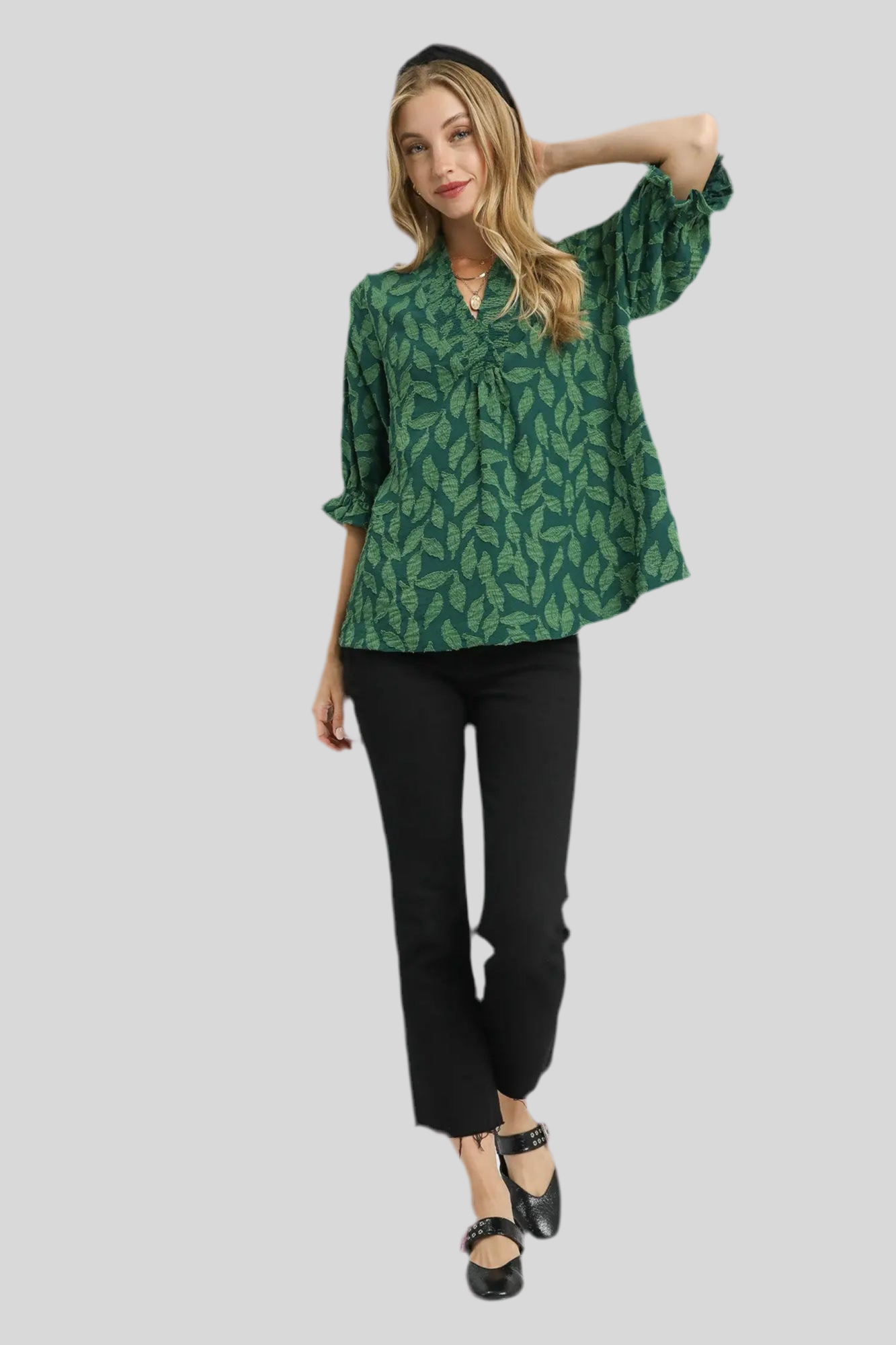 Hunter Green Floral Jacquard V-Neck Top