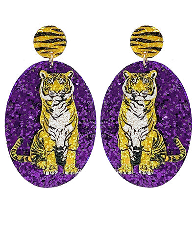 Purple/Yellow Tiger Oval Glitter Earrings