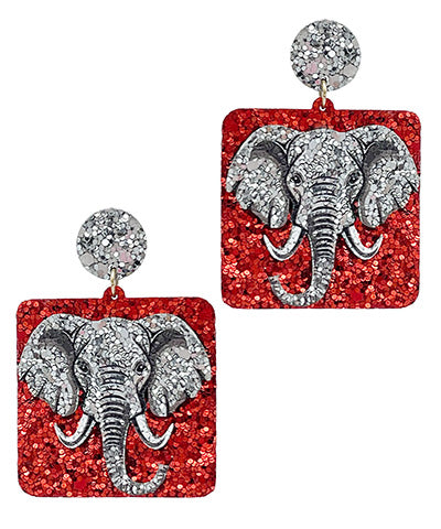 Red/Gray Glitter Elephant Face Square Earrings