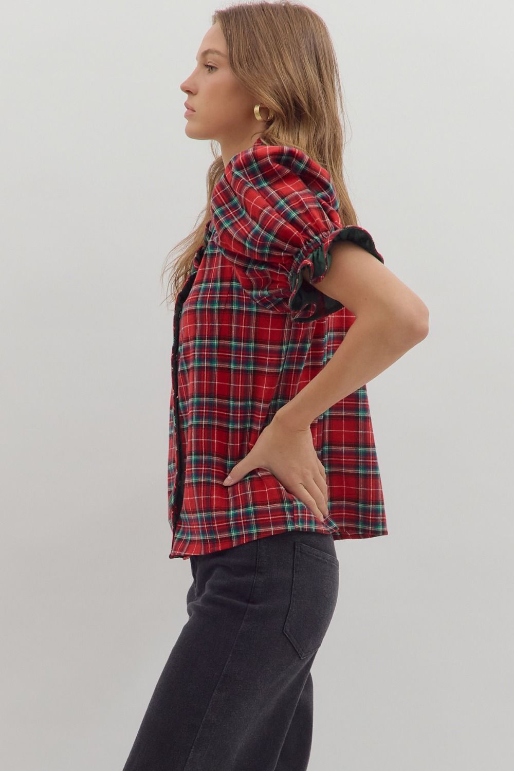 Red Plaid Short Puff Sleeve Top