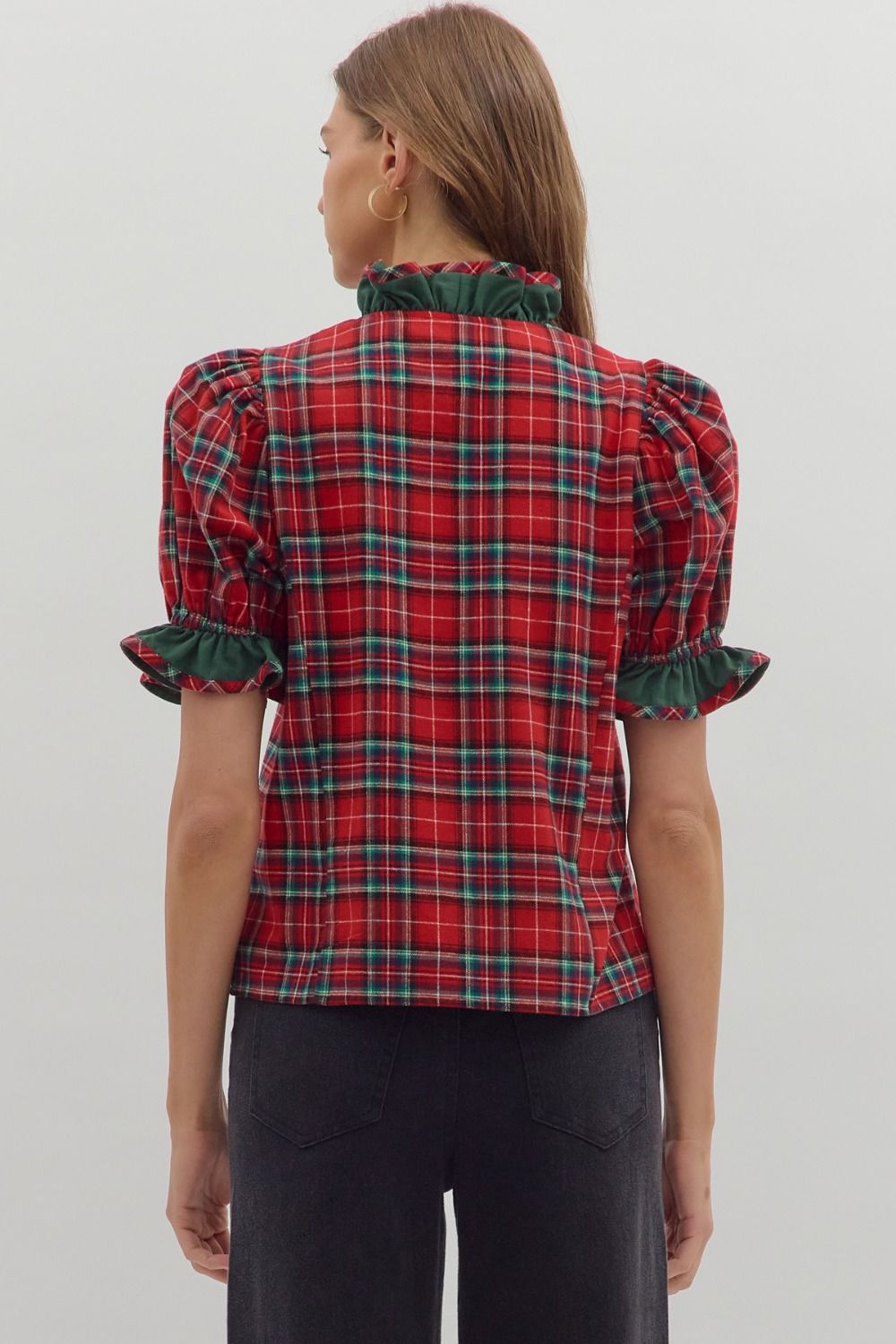 Red Plaid Short Puff Sleeve Top