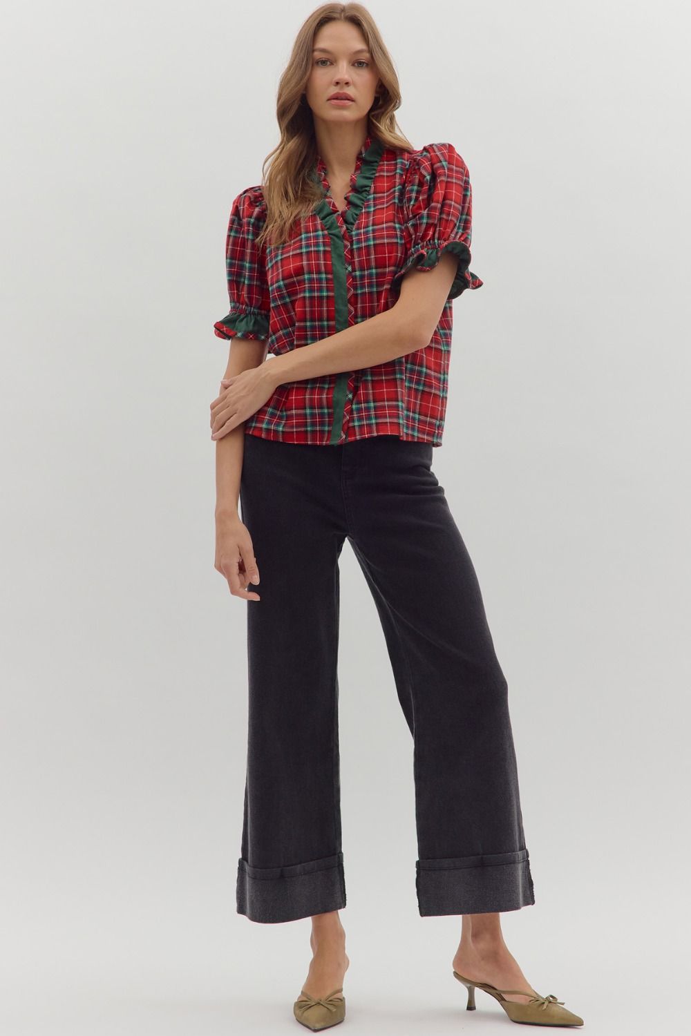 Red Plaid Short Puff Sleeve Top