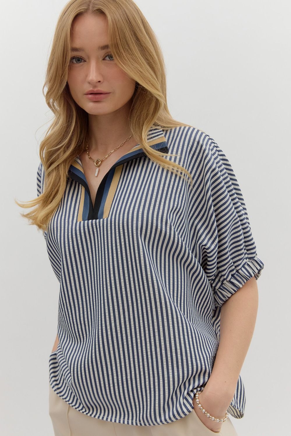 Navy Stripe Pattern Top