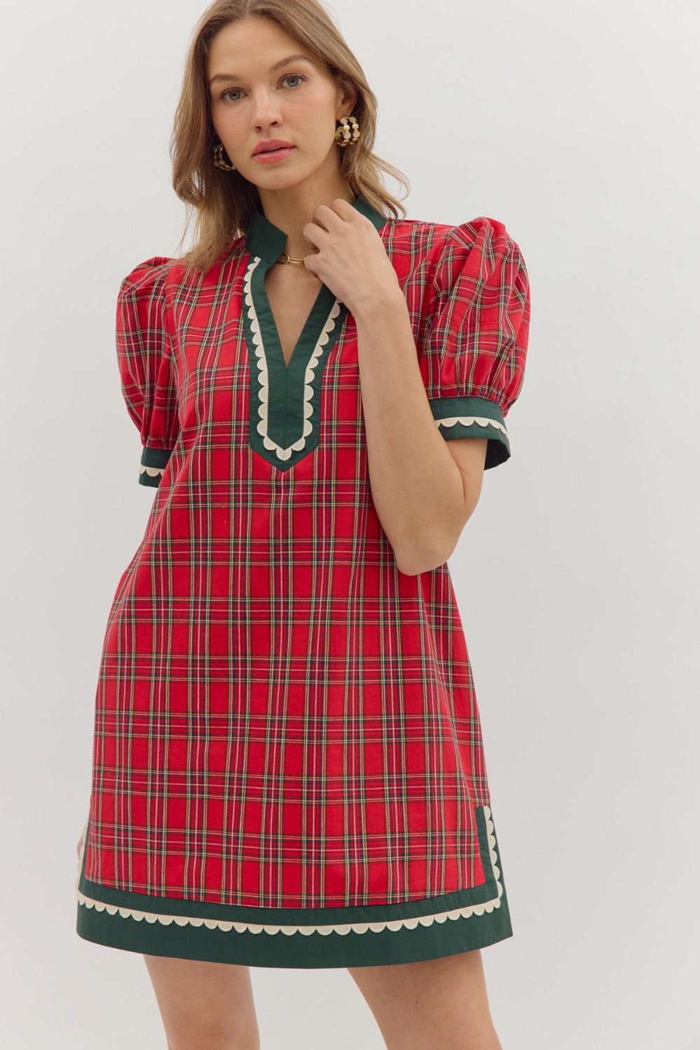 Red plaid pattern short puff sleeve mini dress