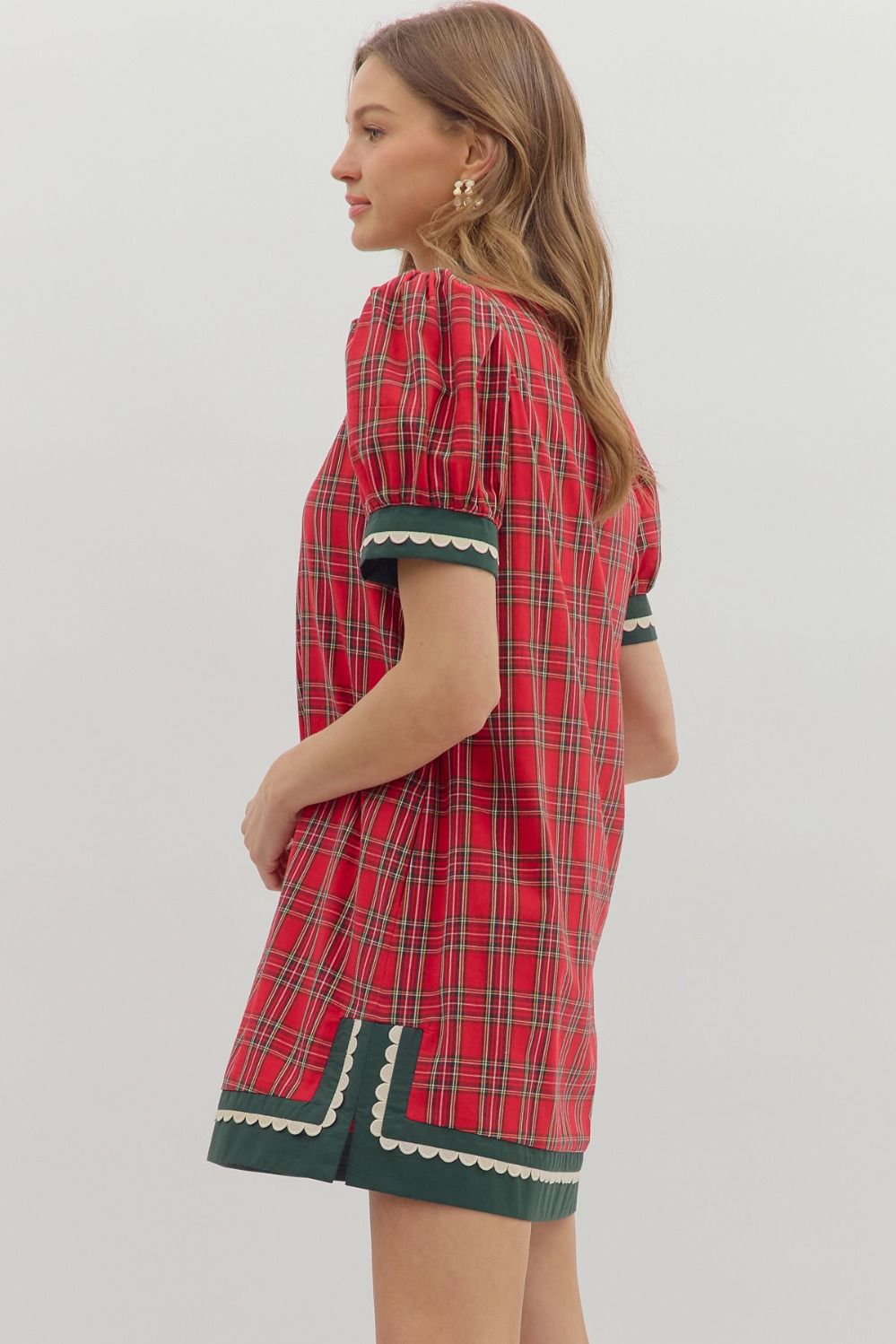 Red plaid pattern short puff sleeve mini dress