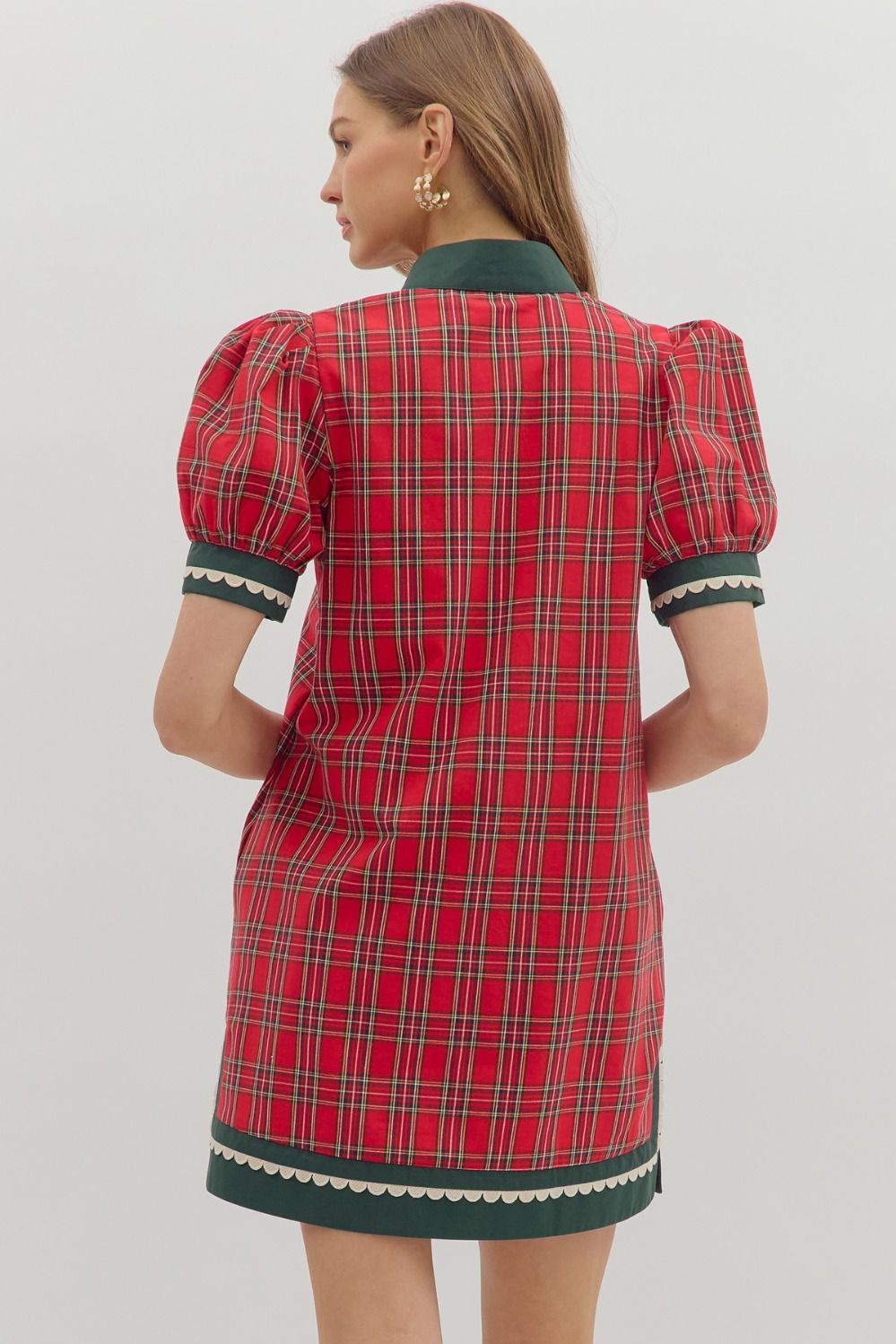 Red plaid pattern short puff sleeve mini dress