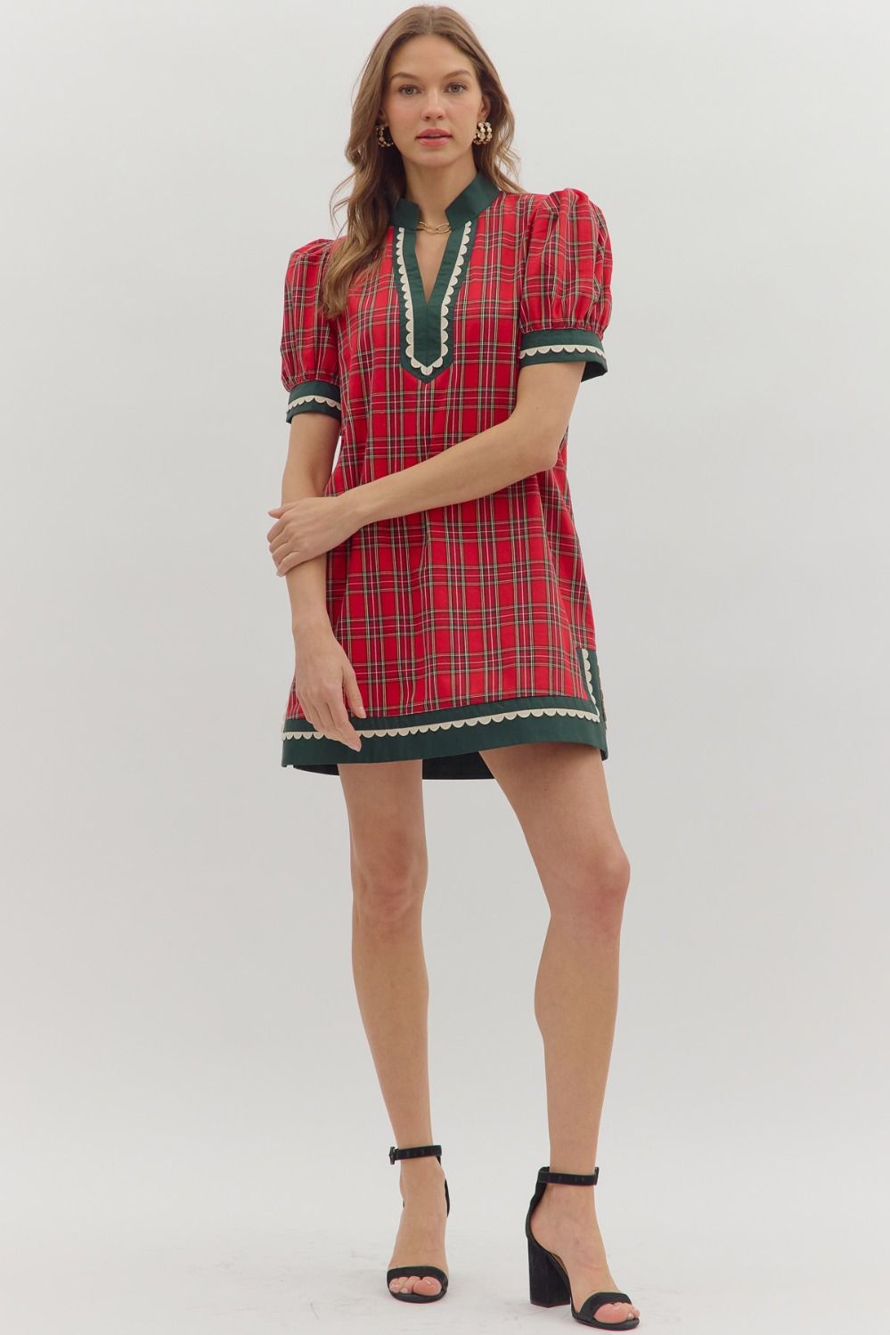 Red plaid pattern short puff sleeve mini dress