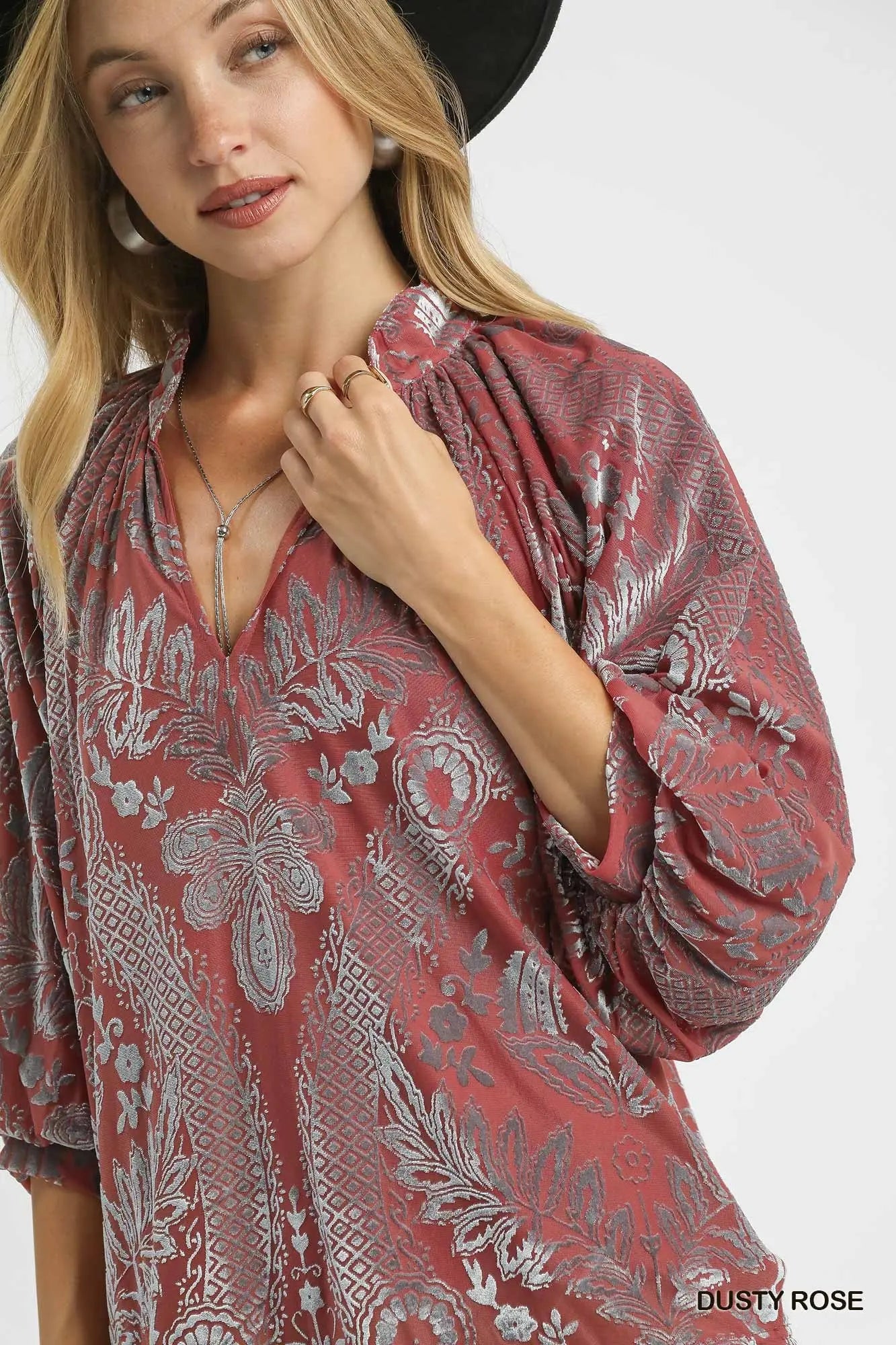 Dusty Rose Damask Print Velvet Split Neck Top