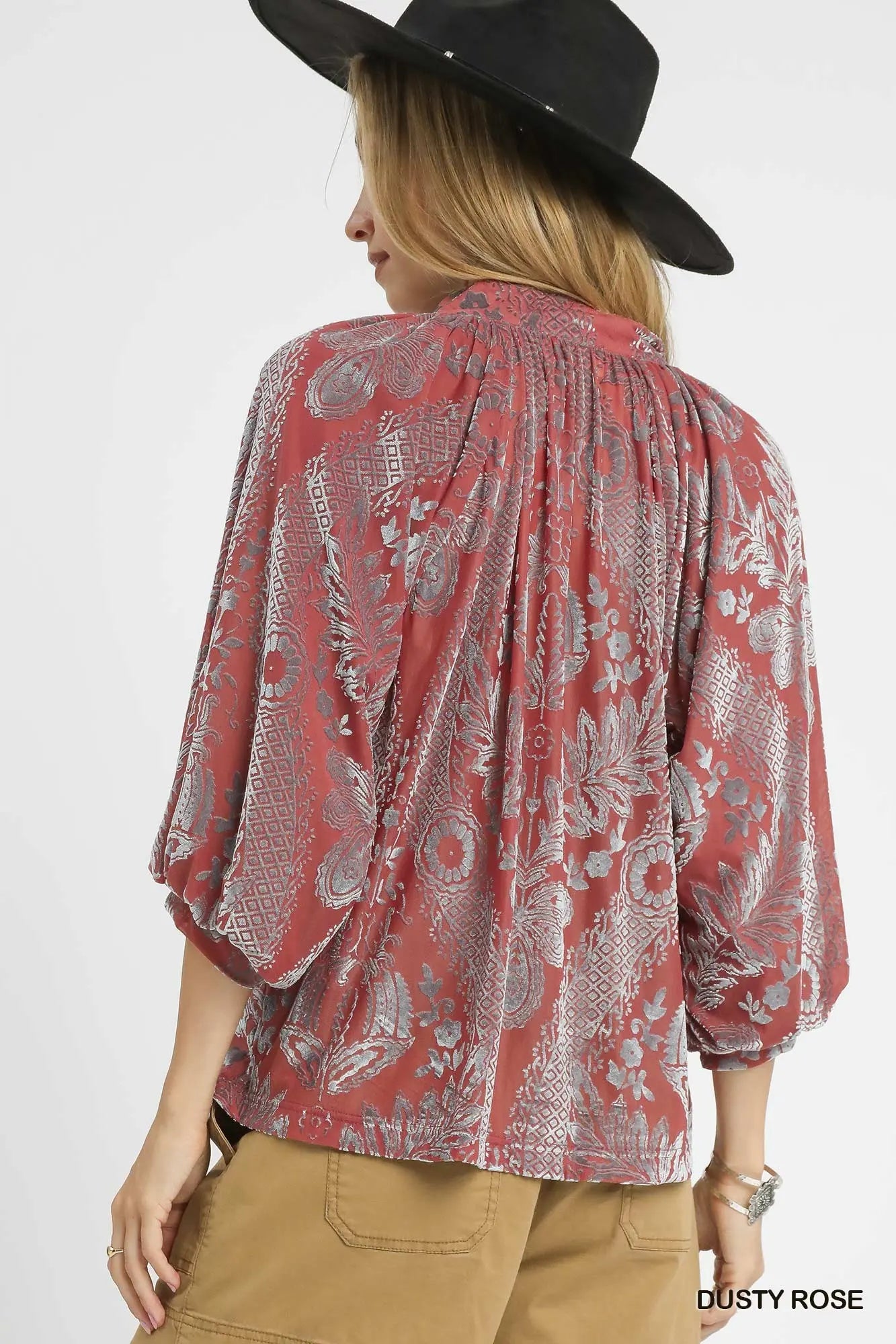 Dusty Rose Damask Print Velvet Split Neck Top