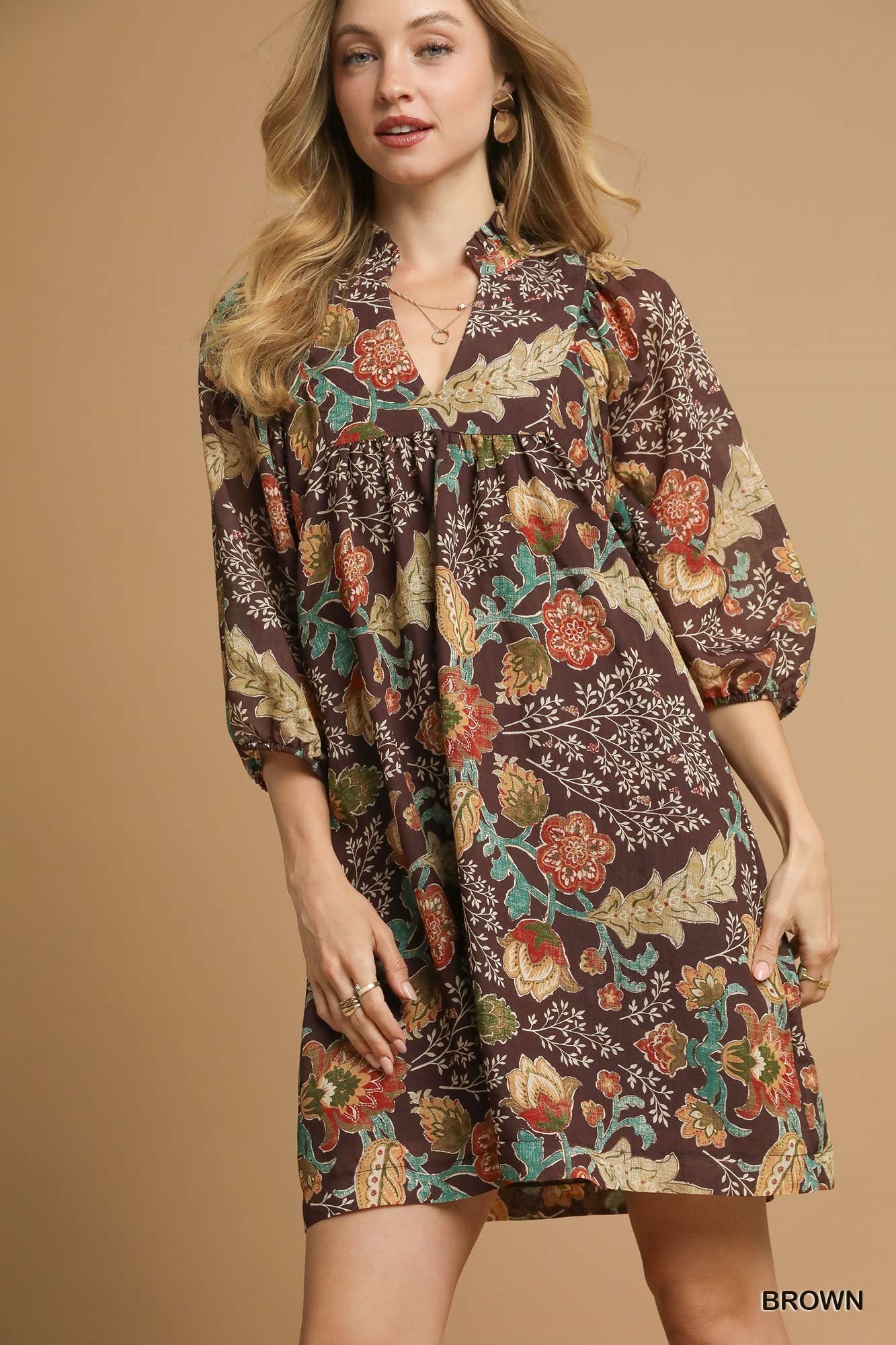Brown Floral Ruffle Neck Mini Dress