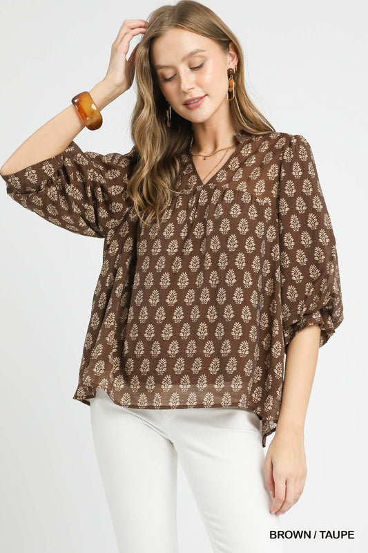Brown Floral Print V-Split Blouse
