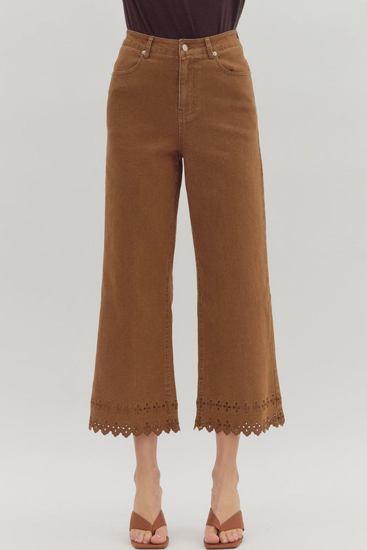 Brown High Waist Ankle Length Pants W/ Border Hem