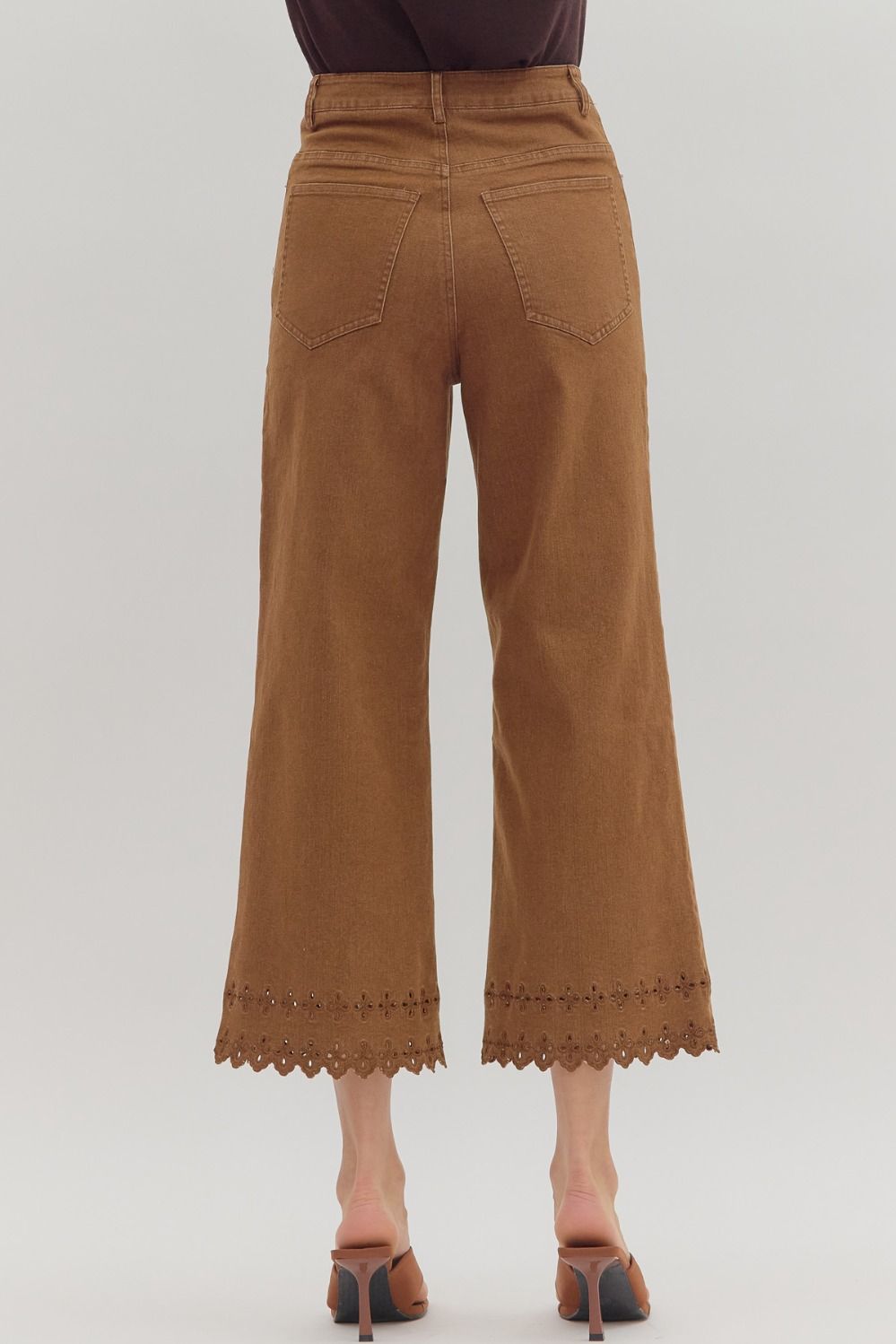 Brown High Waist Ankle Length Pants W/ Border Hem