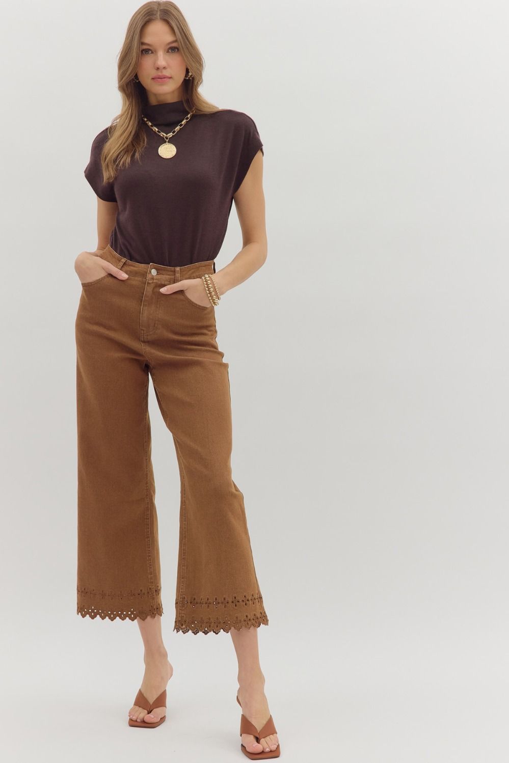Brown High Waist Ankle Length Pants W/ Border Hem